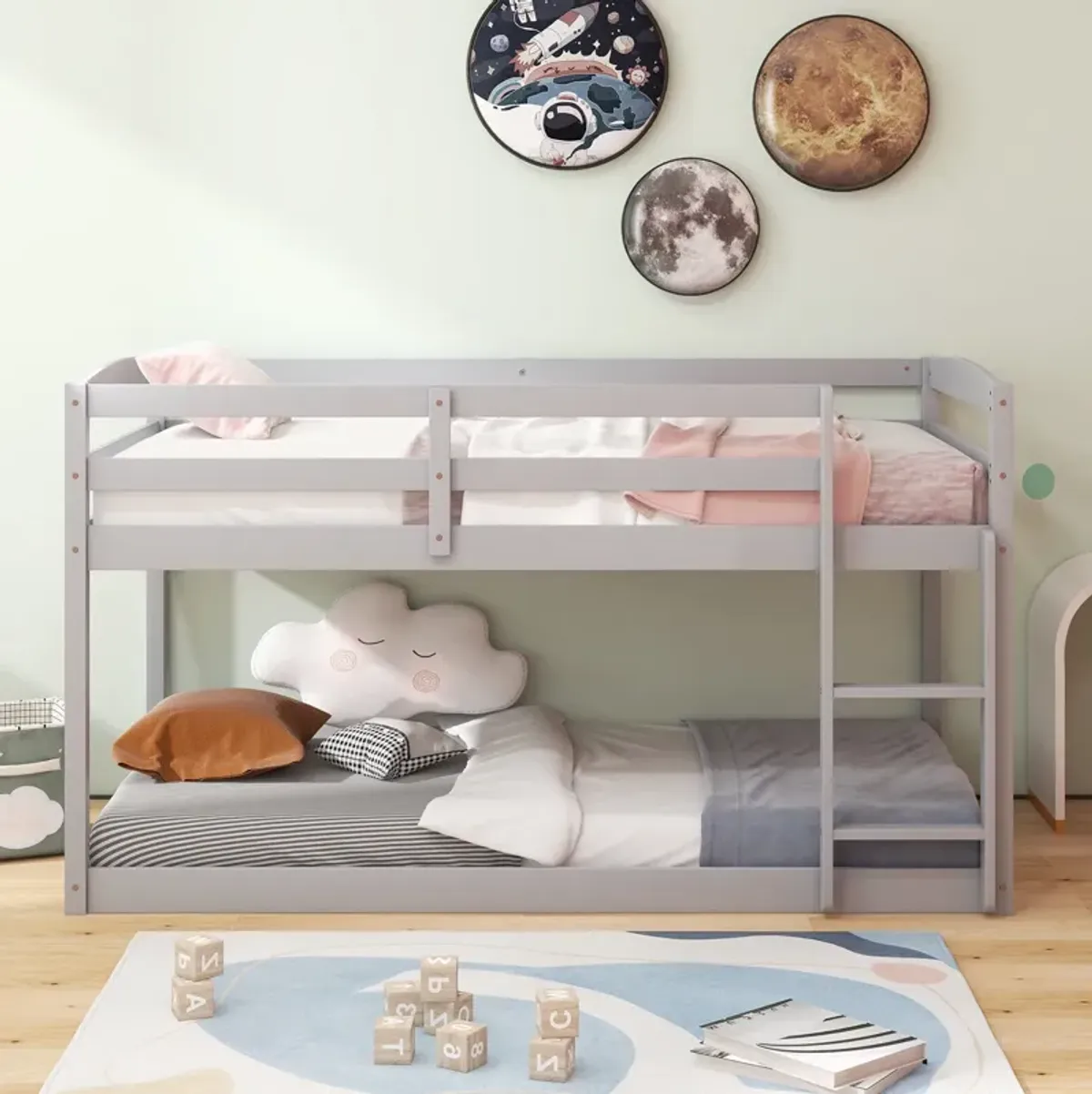 Twin Size Bunk Bed with High Guardrails and Integrated Ladder