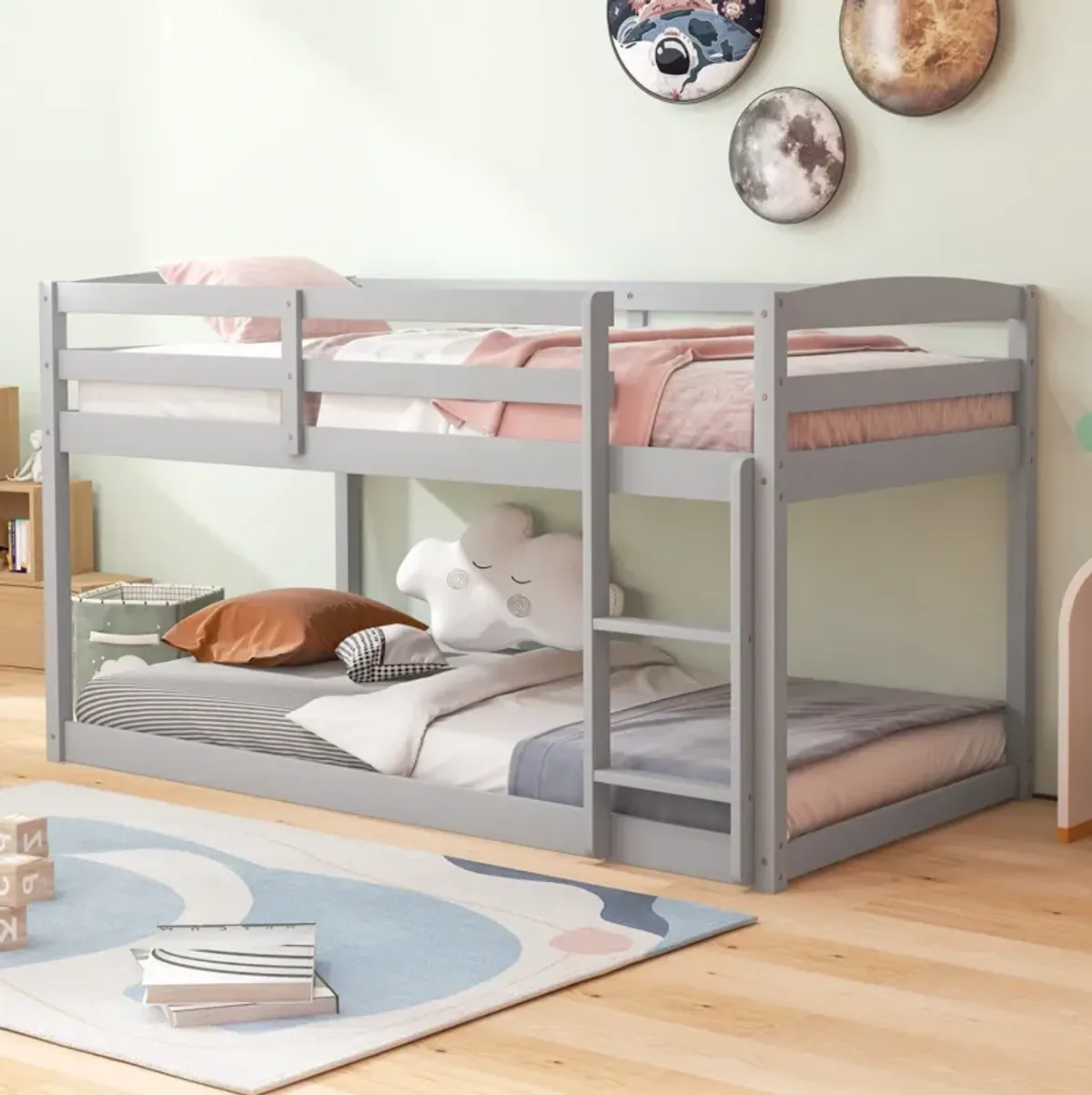 Twin Size Bunk Bed with High Guardrails and Integrated Ladder