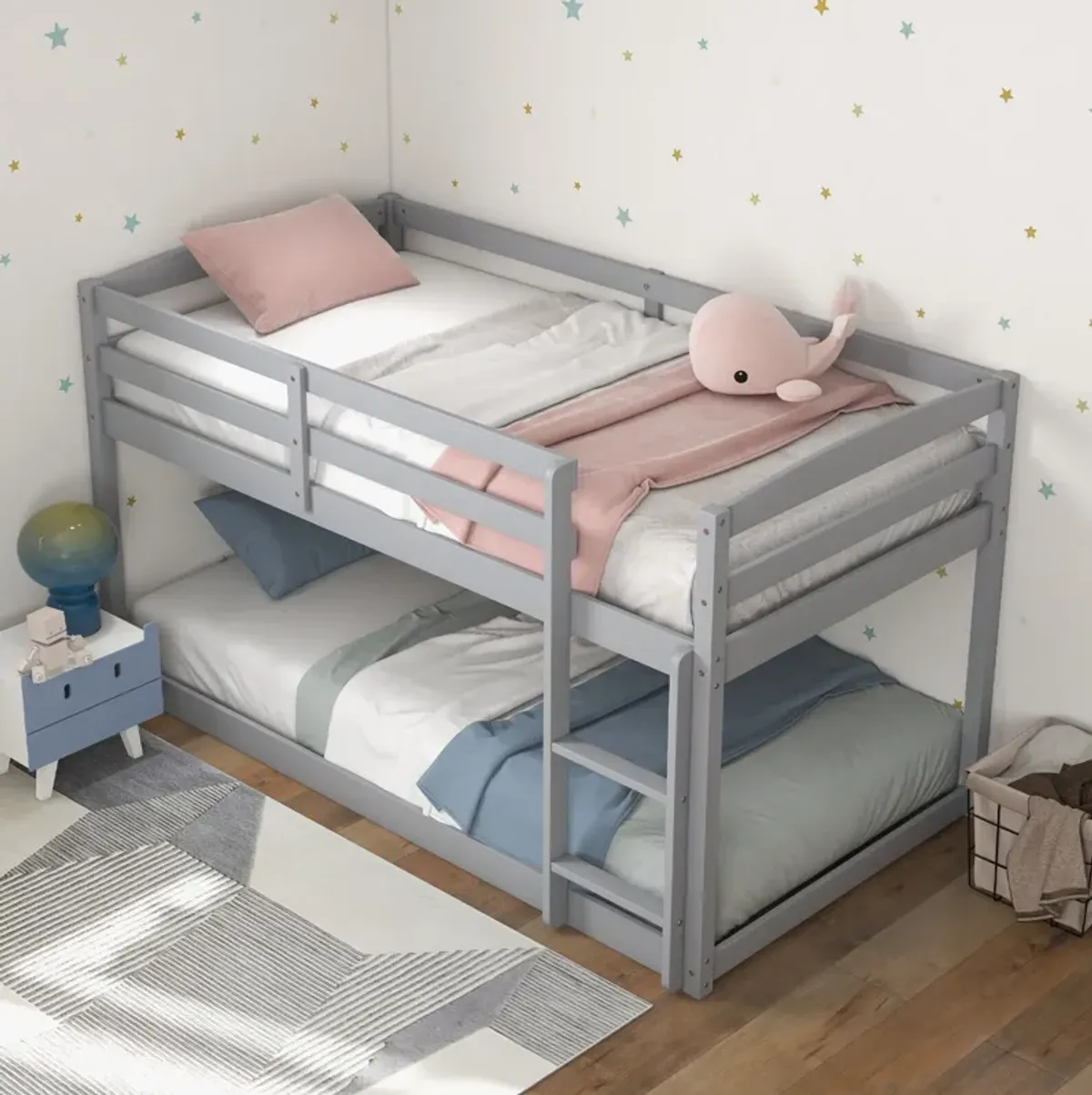 Twin Size Bunk Bed with High Guardrails and Integrated Ladder