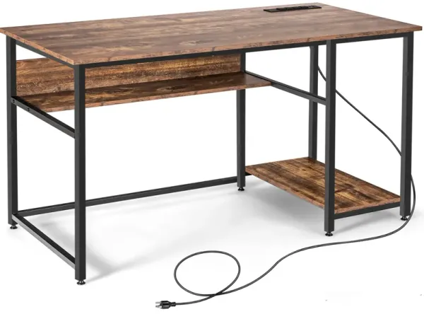 Costway 55'' Computer Desk w/ Charging Station Home Office PC Desk w/ 4 Power Outlets Black