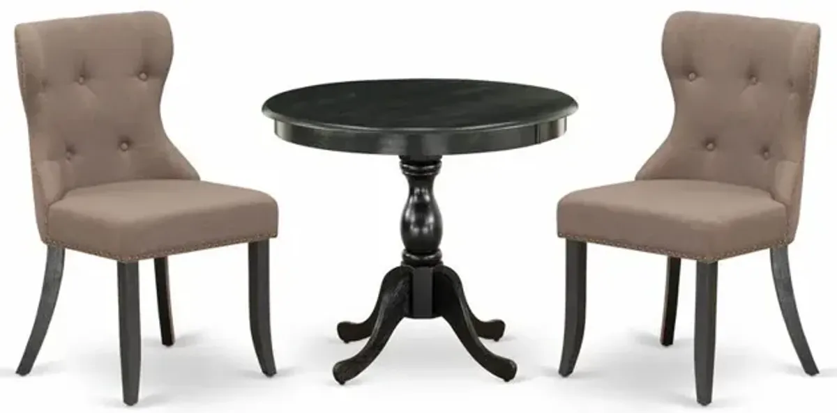 East West Furniture 3 Piece Dining Table Set Contains 1 Dining Room Table and 2 Coffee Linen Fabric Dining Chairs Button Tufted Back with Nail Heads - Wire Brushed Black Finish