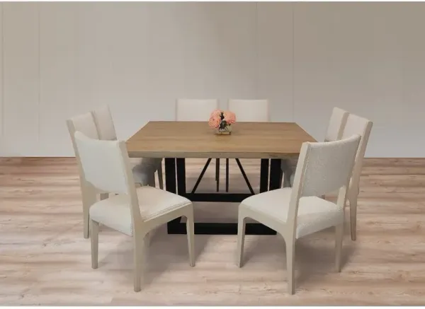 Logan 9-Piece Dining Set with 8 Ash Dining Chairs in Ivory Boucle Linen Fabric