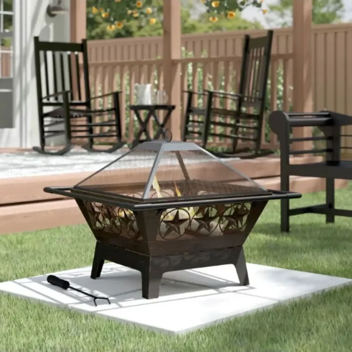 Hivvago Square Outdoor Steel Wood Burning Fire Pit with Star Design