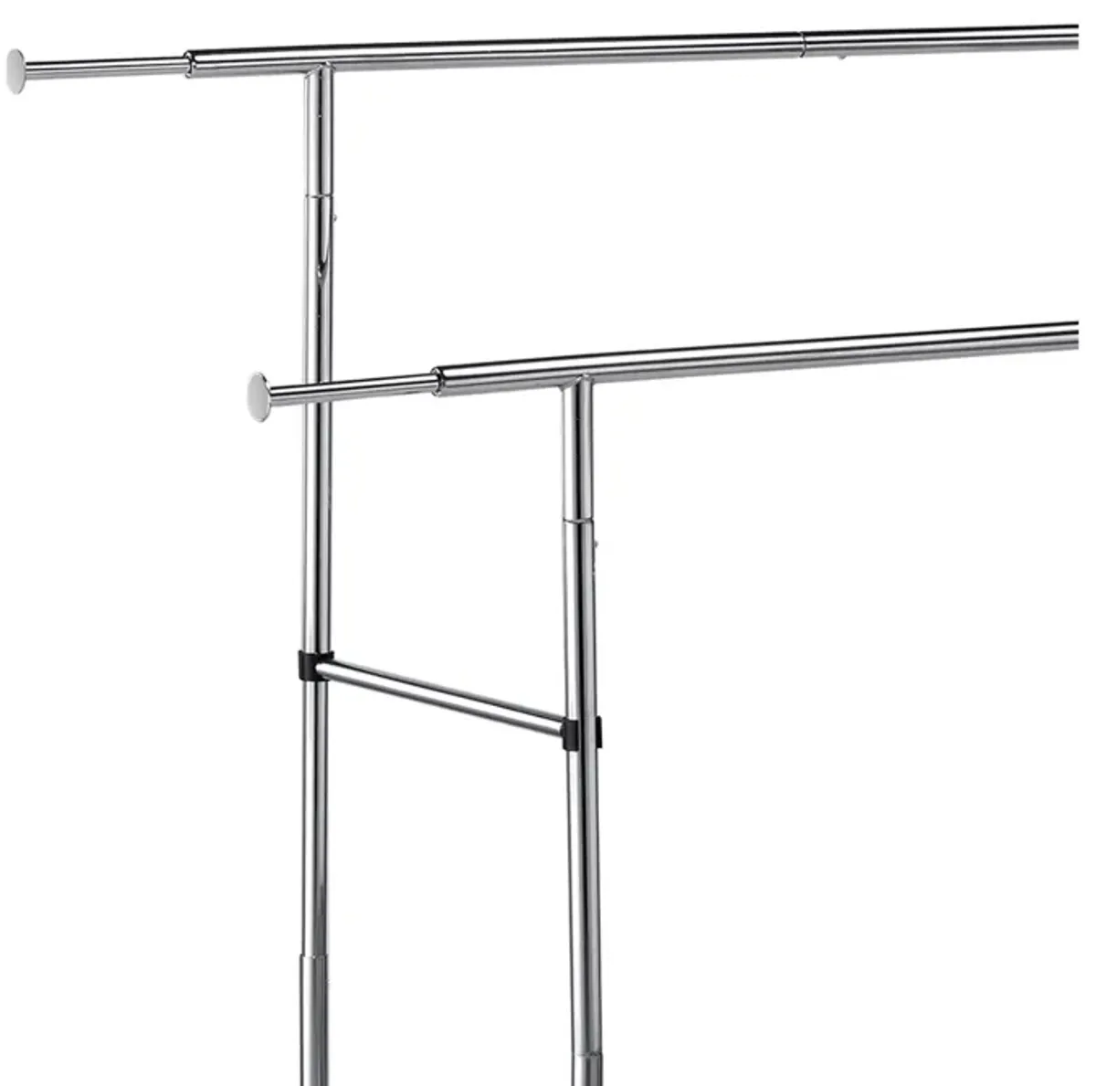 Dual Bar Tubular Metal Frame Garment Rack with Casters, Chrome - Benzara