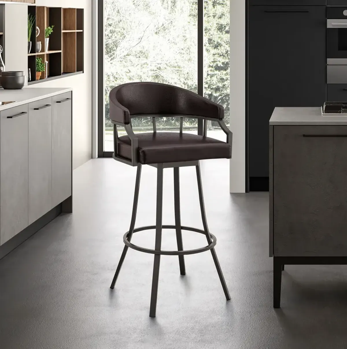 Palmdale  Swivel Slate Grey Faux Leather and Black Metal Bar Stool