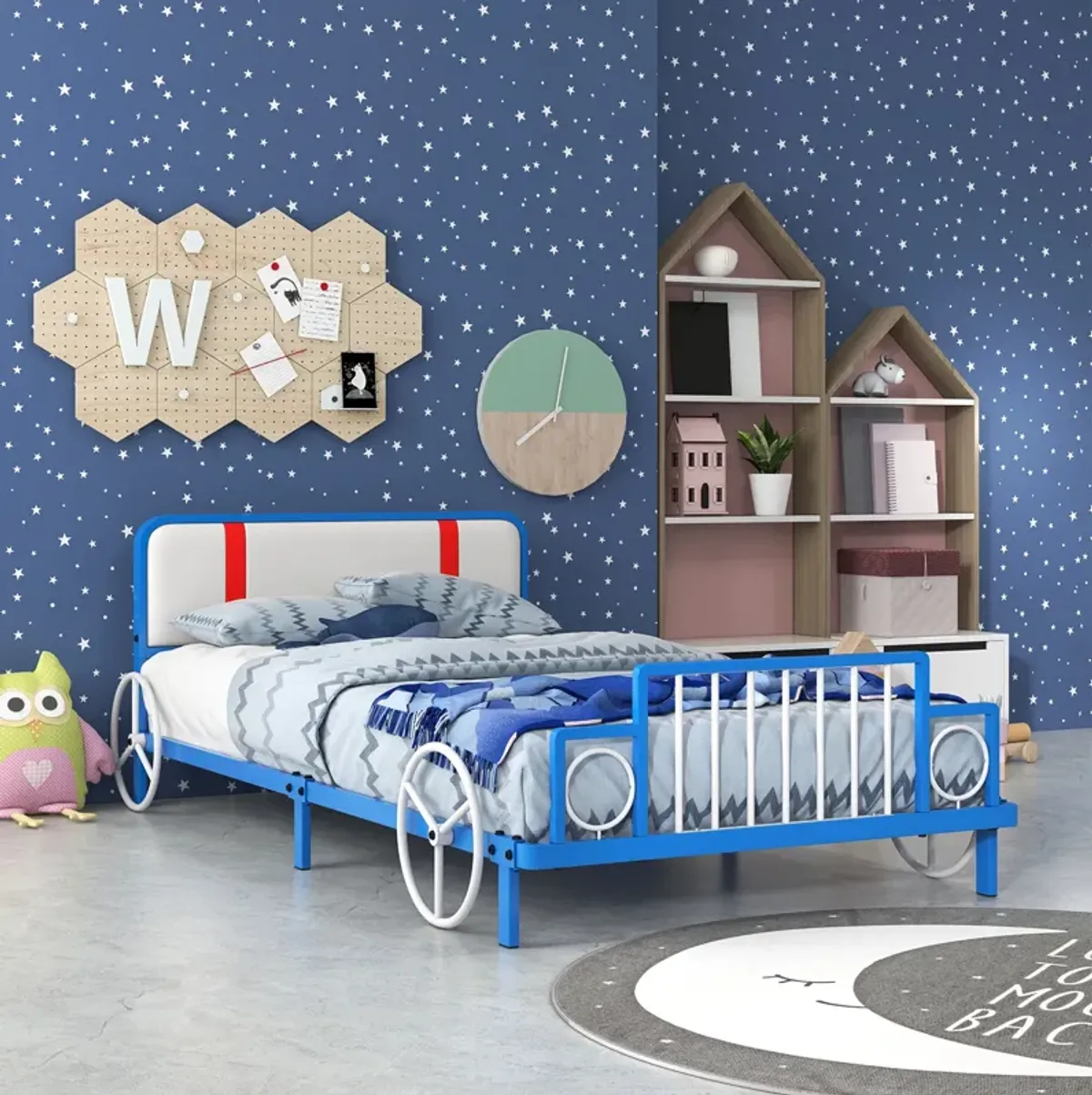 Twin Size Kids Bed Frame Car Shaped Metal Platform Bed with Upholstered Headboard