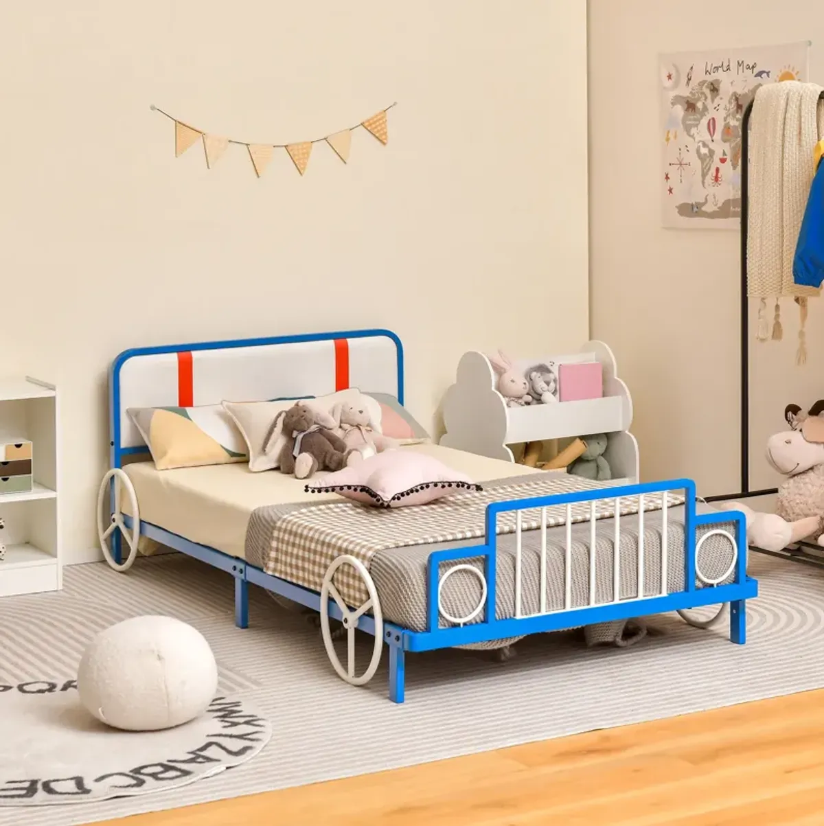 Twin Size Kids Bed Frame Car Shaped Metal Platform Bed with Upholstered Headboard