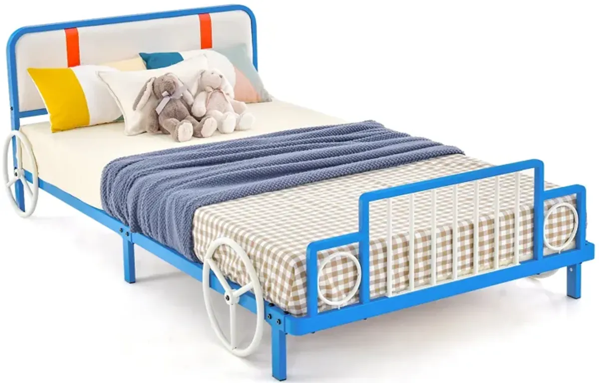 Twin Size Kids Bed Frame Car Shaped Metal Platform Bed with Upholstered Headboard