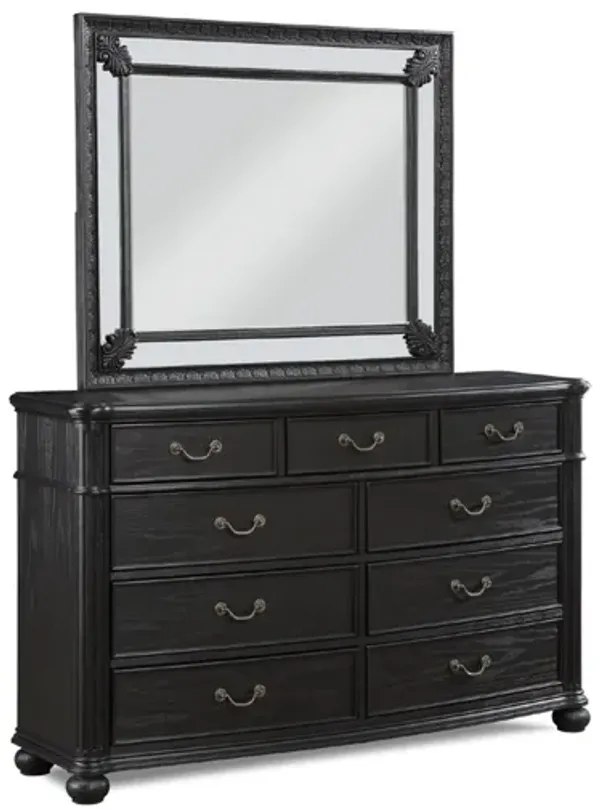 Benjara Berry 62 Inch Wide Dresser with Mirror, 9 Drawers, Floated Top, Wood, Black and Bronze