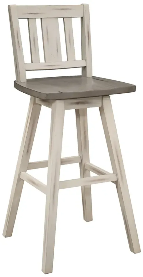 Ati 29 Inch Bar Height Stool Swivel Chairs Set of 2, Vertical Slat Back, Gray, White - Benzara