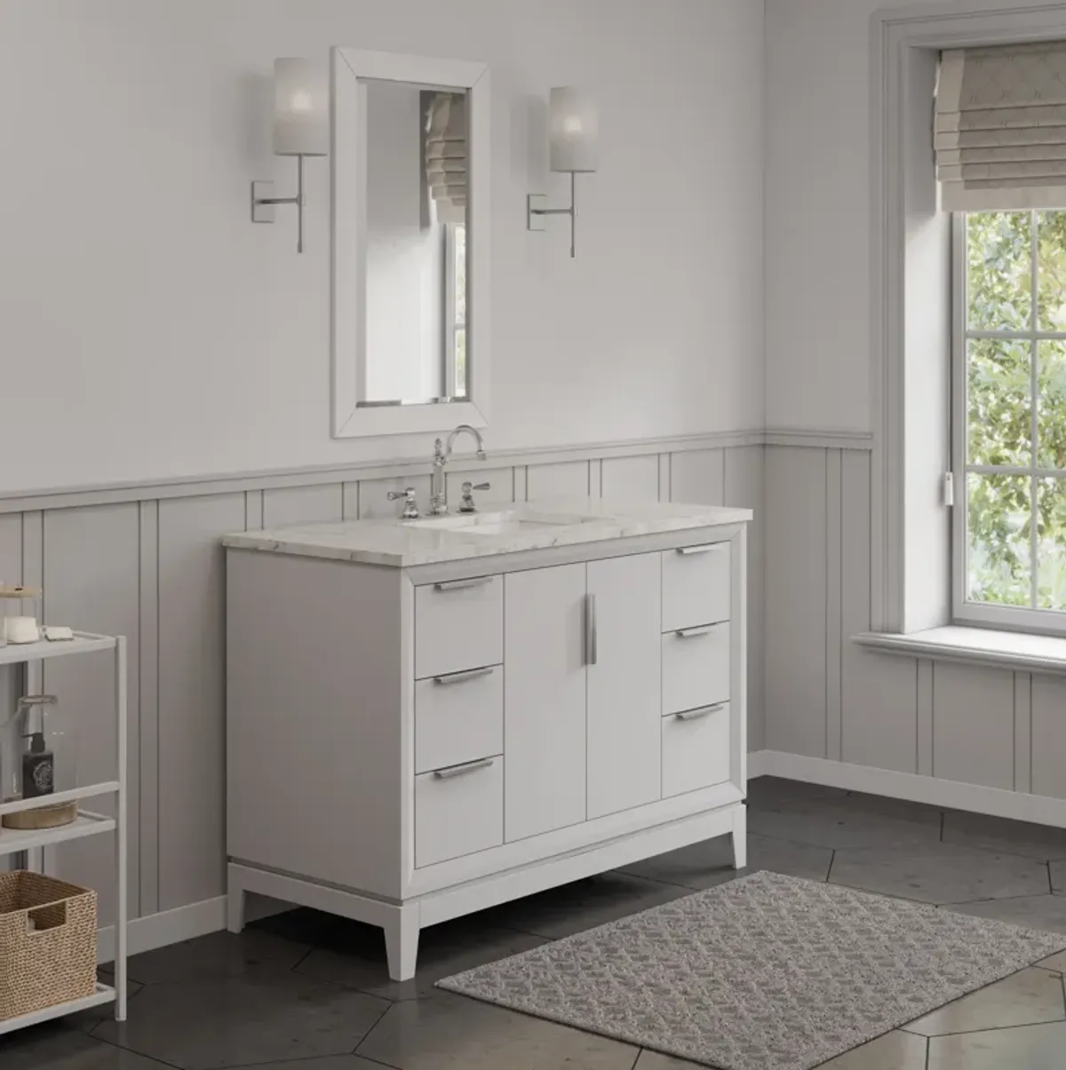 Elizabeth 48 In. Single Sink Carrara White Marble Countertop Bath Vanity In Pure White with Brushed Silver Hardware