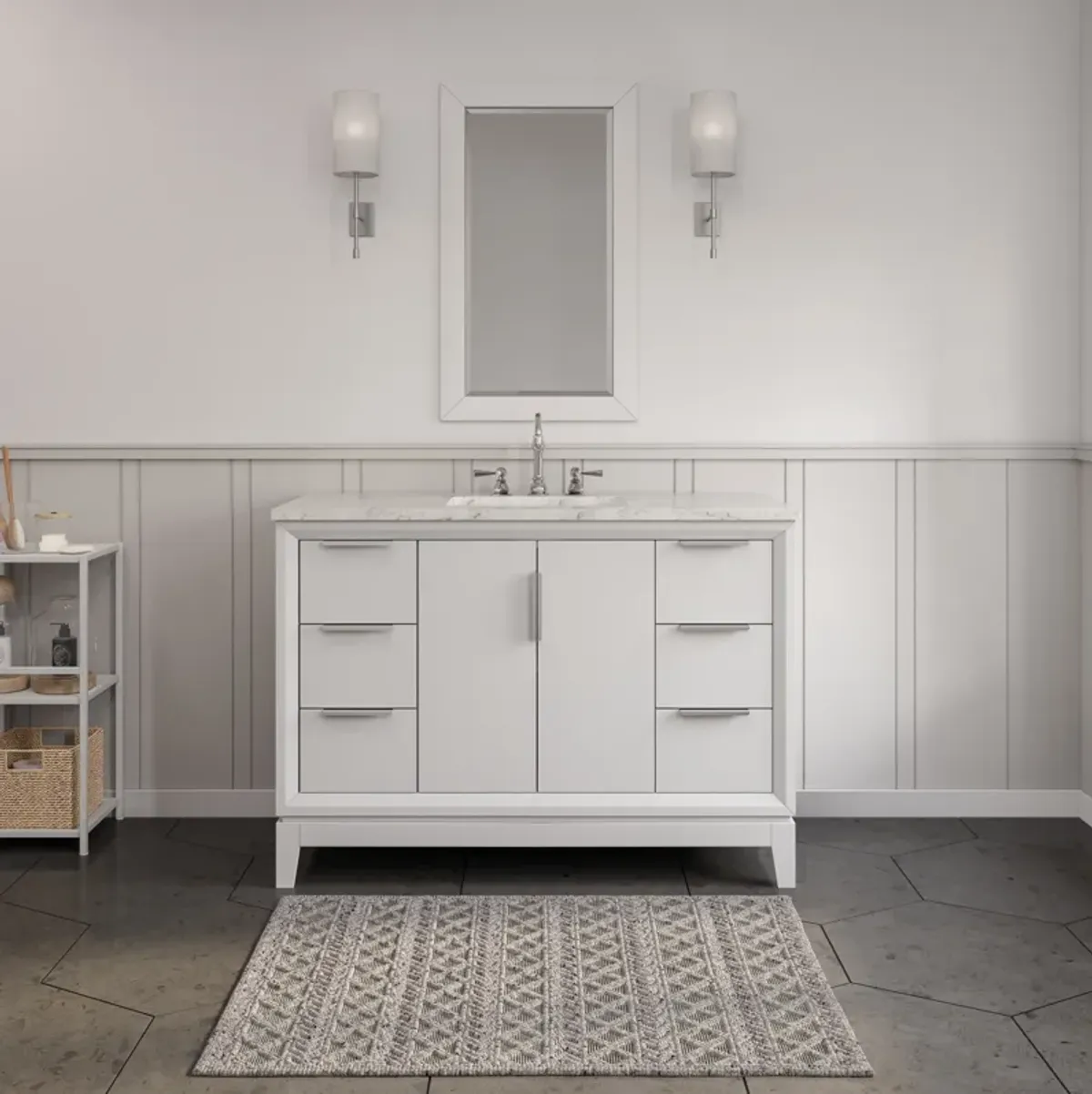 Elizabeth 48 In. Single Sink Carrara White Marble Countertop Bath Vanity In Pure White with Brushed Silver Hardware