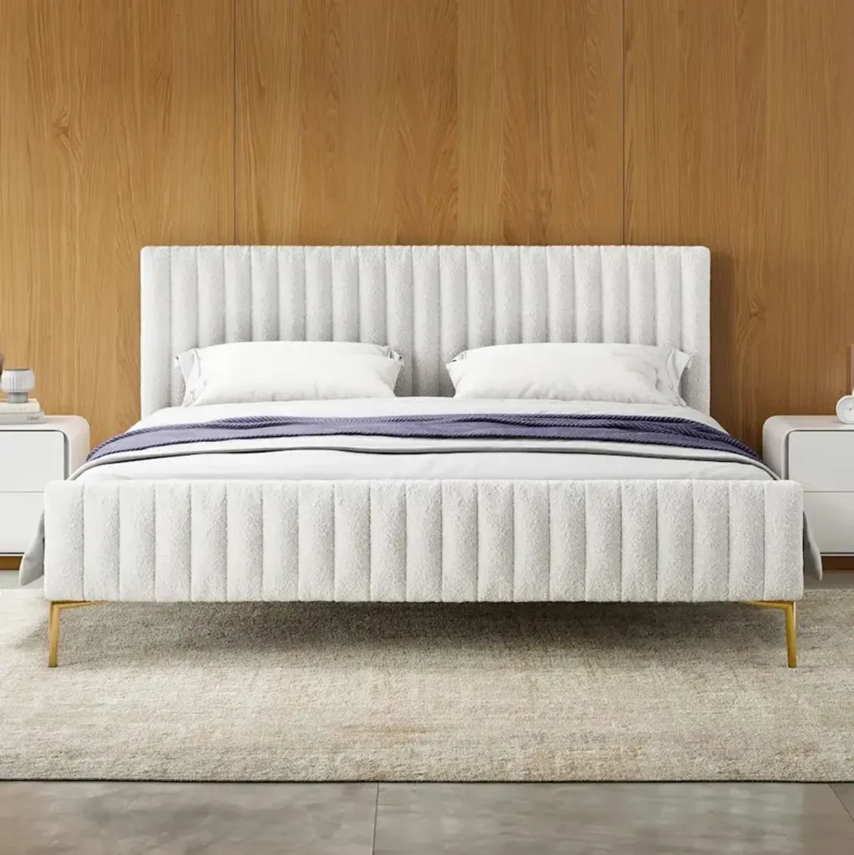 Omax Decor Julia Upholstered Modern Fabric King Platform Bed in White Boucle