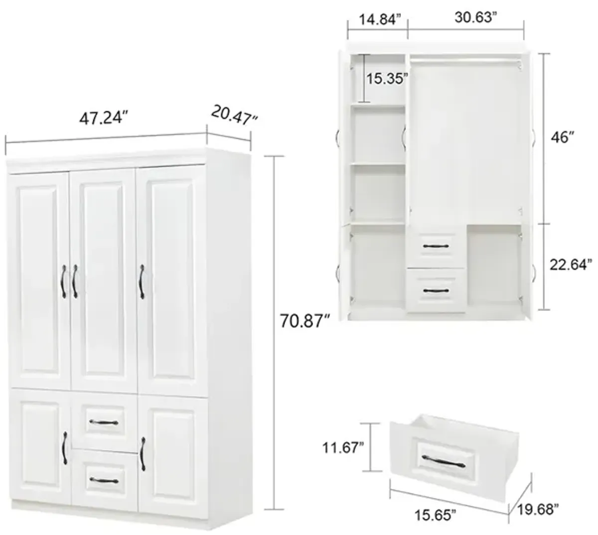 Armoire Wardrobe Closet with 3 Door and 2 Drawers Tall Cabinet for Large Capacity, Closet Wardrobe Cabinet with Hanging Rail and Metal Handle White for Bedroom 47.2" W x 20.5" D x 74" H