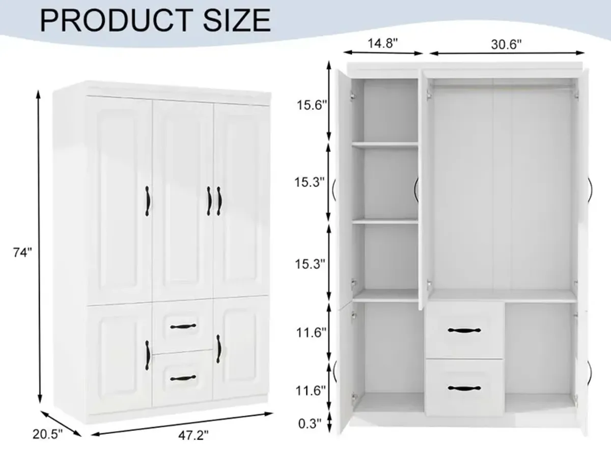 Armoire Wardrobe Closet with 3 Door and 2 Drawers Tall Cabinet for Large Capacity, Closet Wardrobe Cabinet with Hanging Rail and Metal Handle White for Bedroom 47.2" W x 20.5" D x 74" H