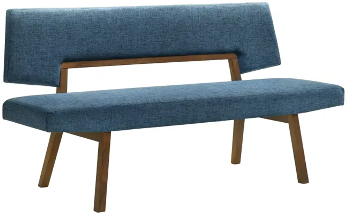 Yumi 63 Inch Dining Bench, Seat and Back with Blue Fabric, Walnut  - Benzara