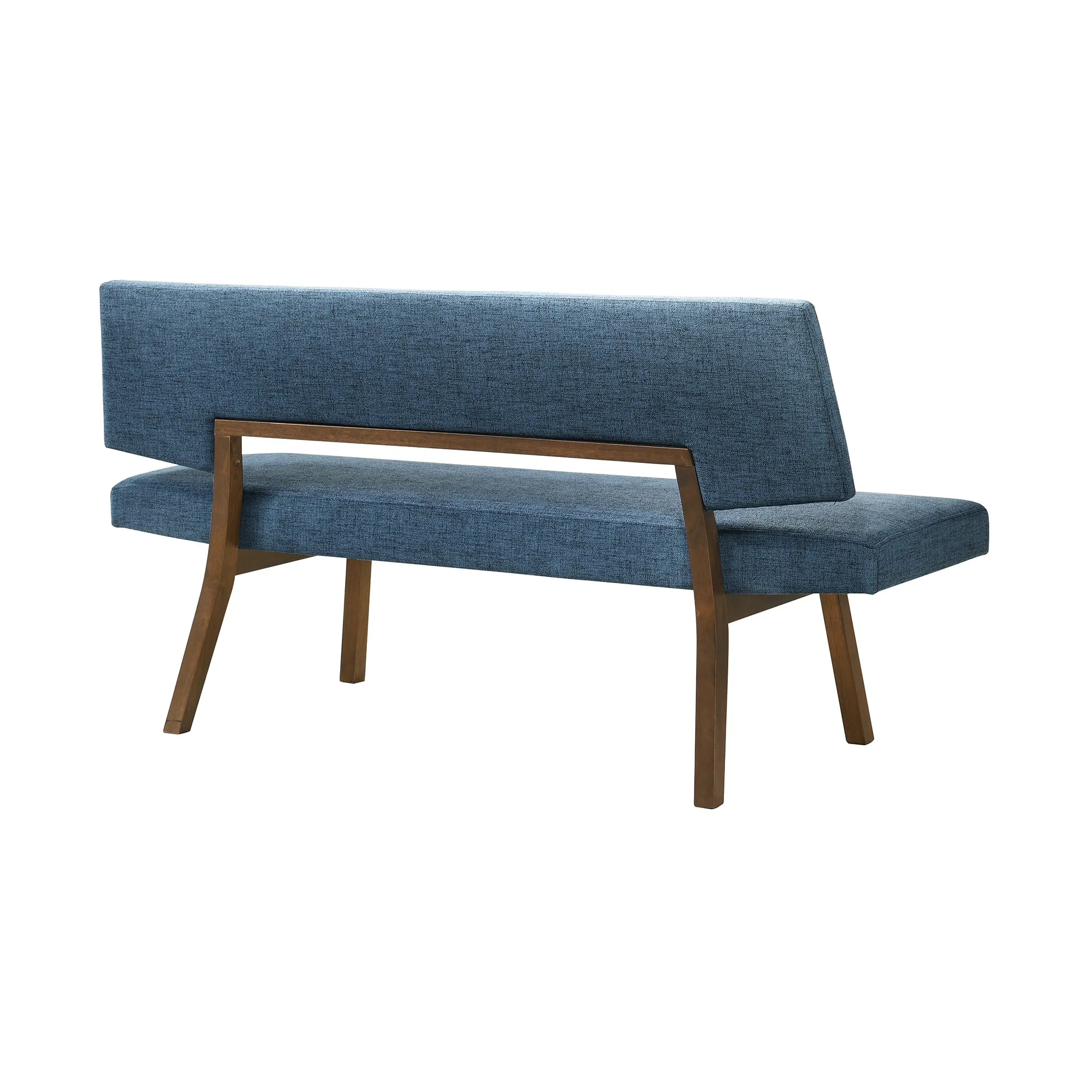 Yumi 63 Inch Dining Bench, Seat and Back with Blue Fabric, Walnut  - Benzara