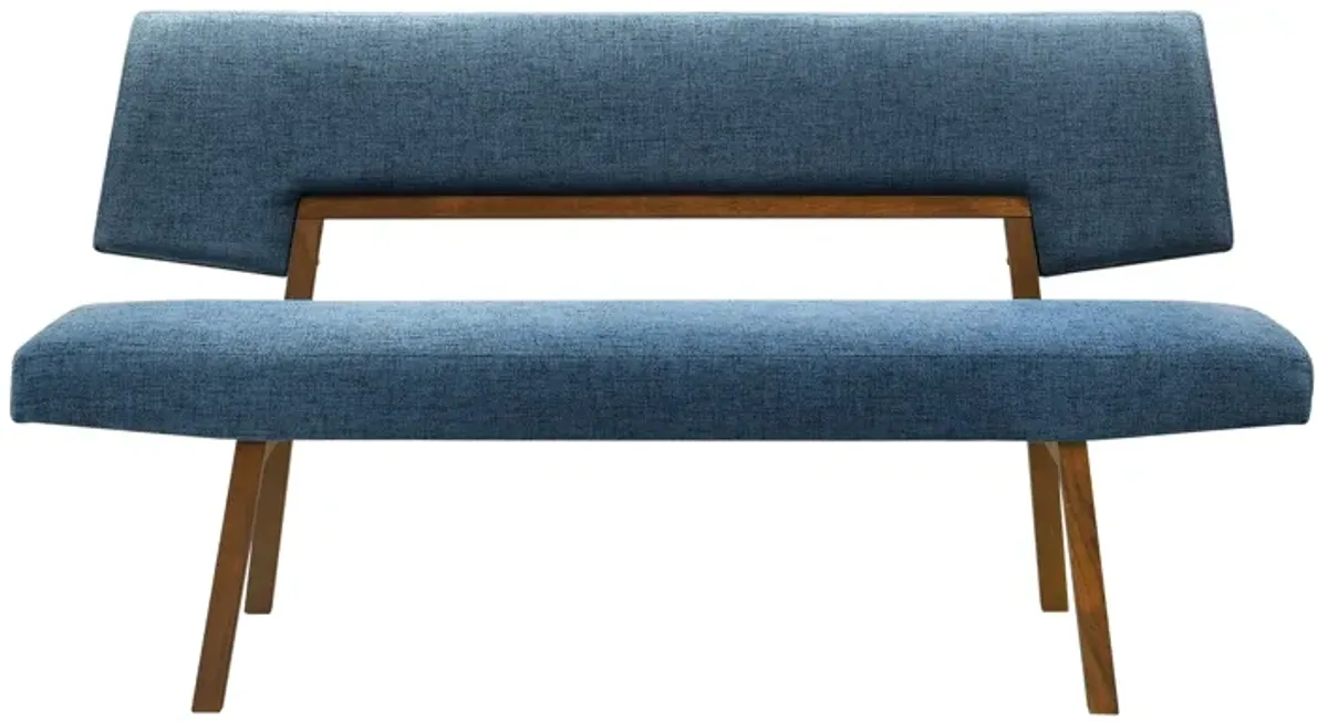 Yumi 63 Inch Dining Bench, Seat and Back with Blue Fabric, Walnut  - Benzara