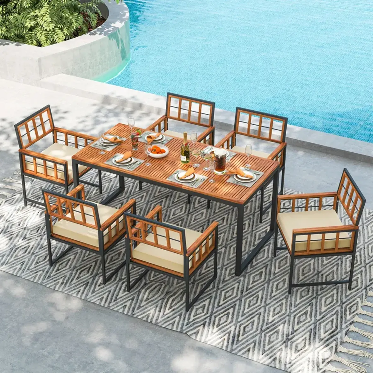 7 Pieces Patio Acacia Wood Dining Set with Soft Cushions and Umbrella Hole