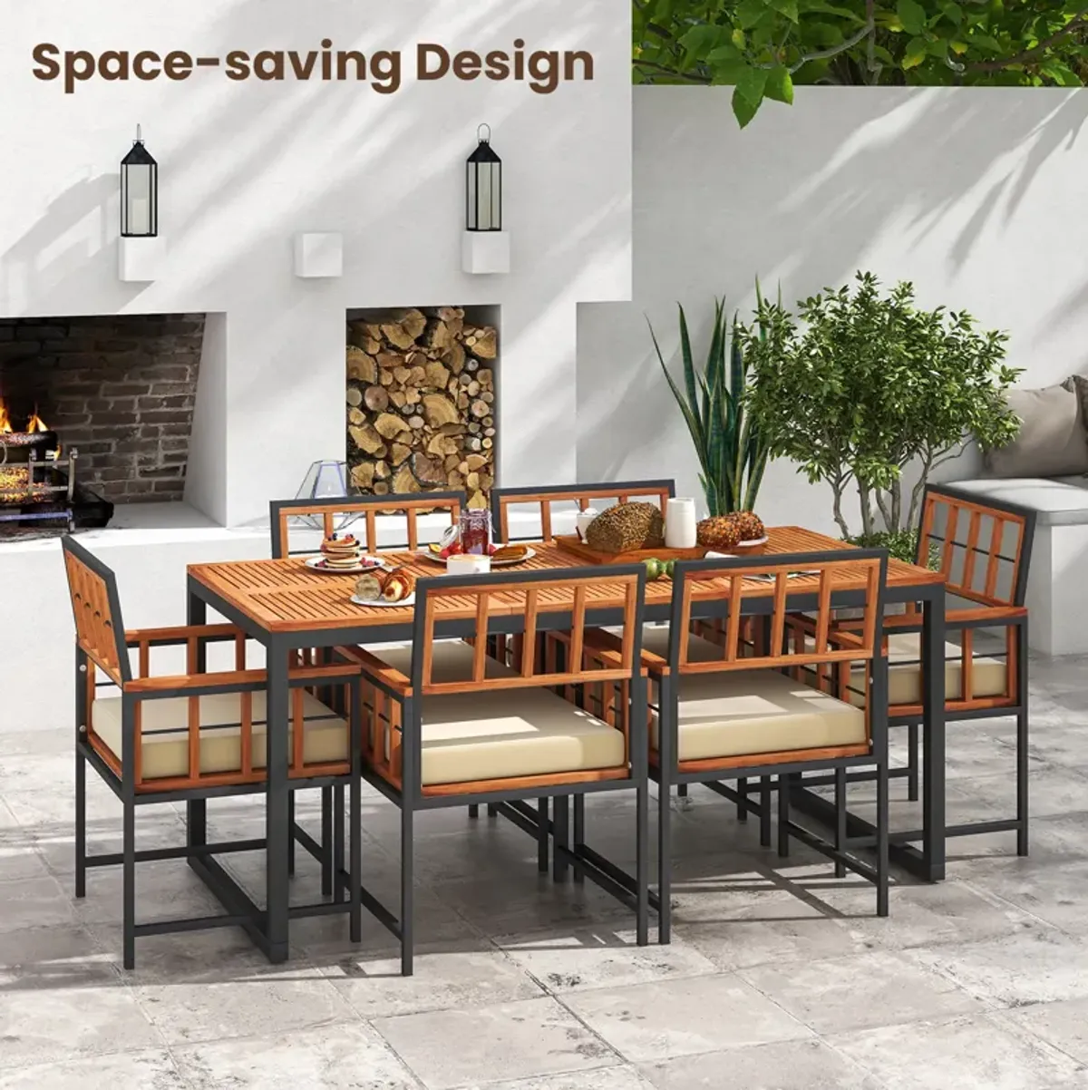 7 Pieces Patio Acacia Wood Dining Set with Soft Cushions and Umbrella Hole