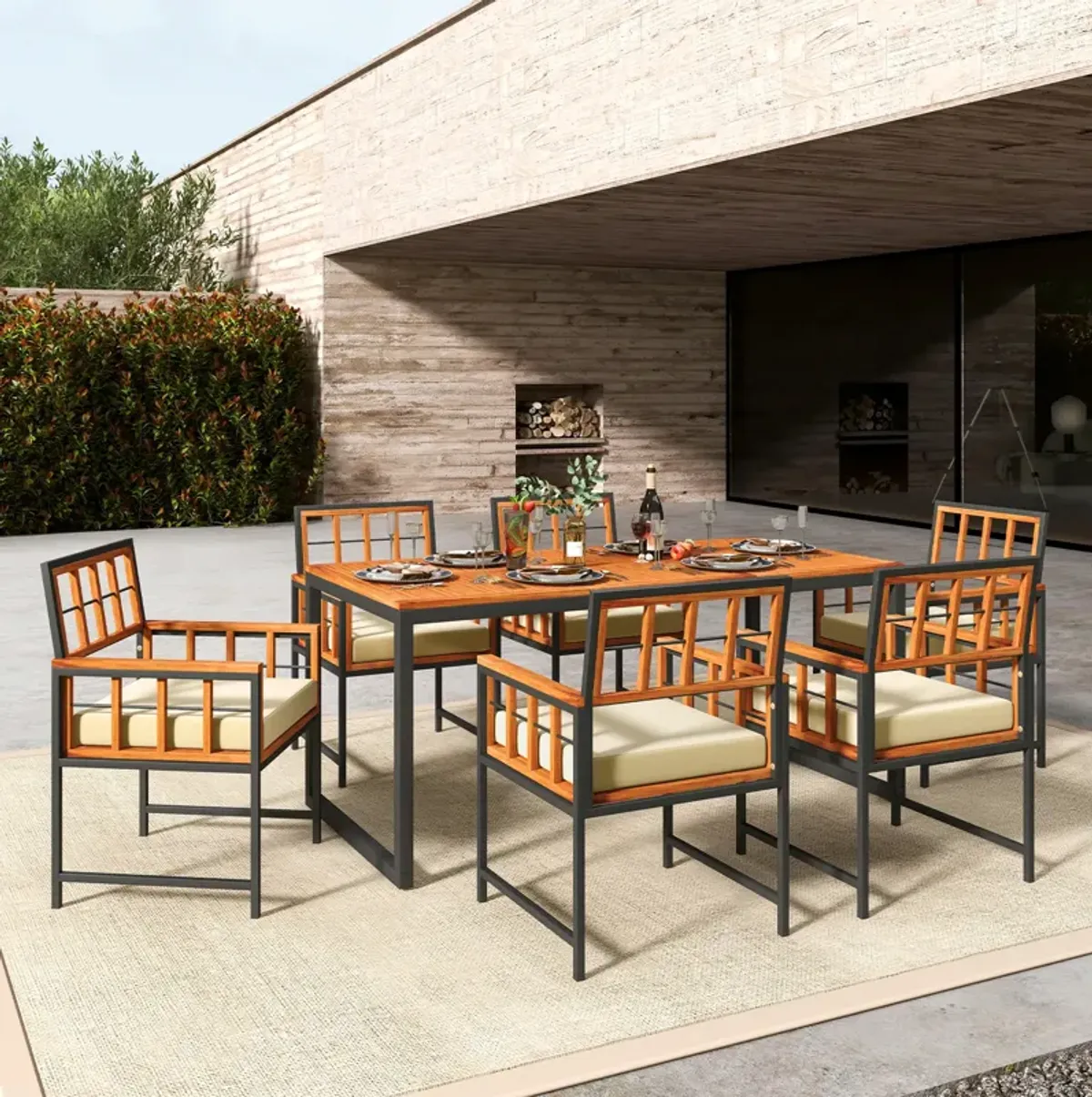 7 Pieces Patio Acacia Wood Dining Set with Soft Cushions and Umbrella Hole