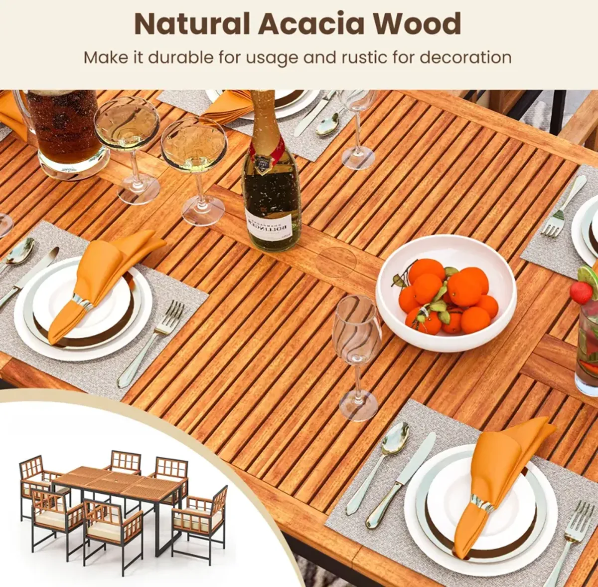 7 Pieces Patio Acacia Wood Dining Set with Soft Cushions and Umbrella Hole