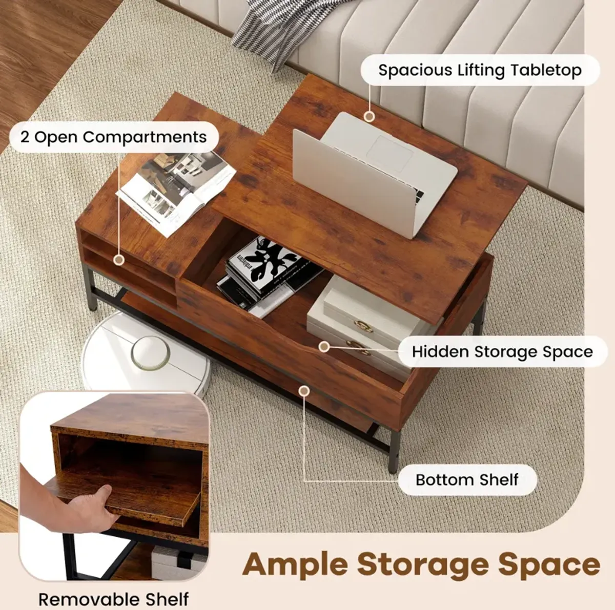 Lift Top Coffee Table with Hidden Compartment and Removable Storage Shelf