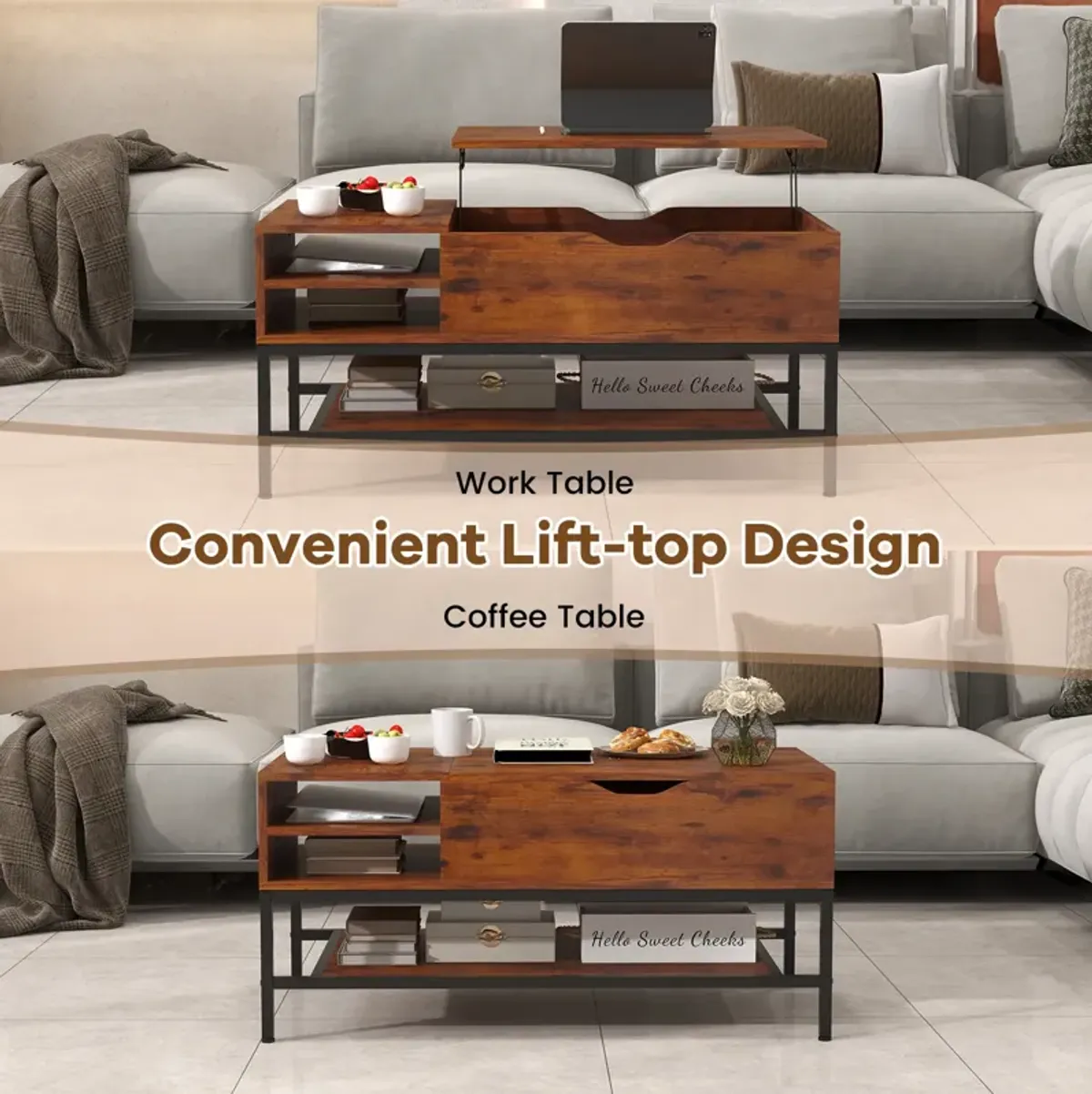 Lift Top Coffee Table with Hidden Compartment and Removable Storage Shelf