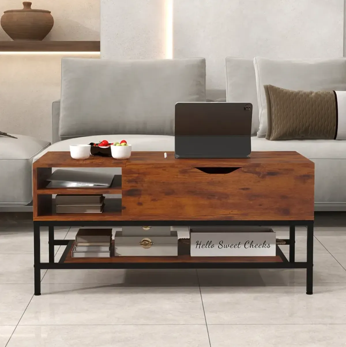 Lift Top Coffee Table with Hidden Compartment and Removable Storage Shelf