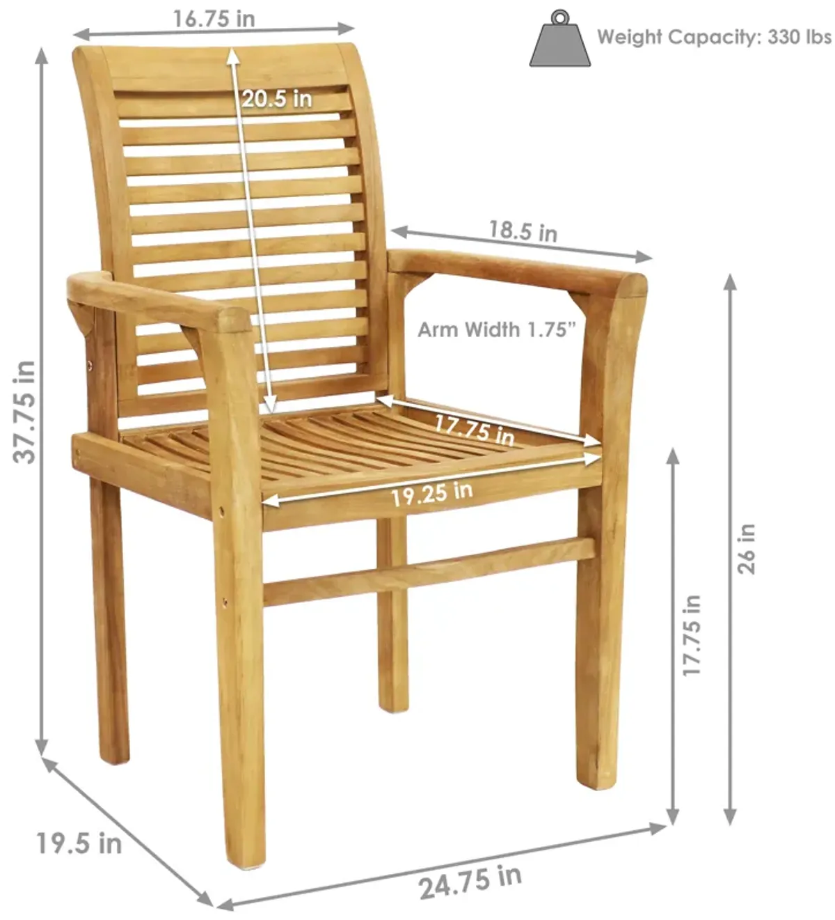 Sunnydaze Solid Teak Wood Patio Slat-Back Dining Armchair