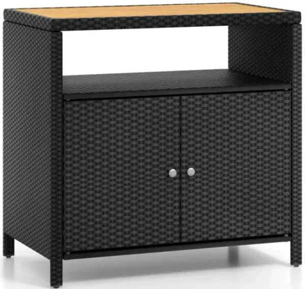 Hivvago Rattan Storage Cabinet with Acacia Wood Countertop for Poolside Deck and Patio