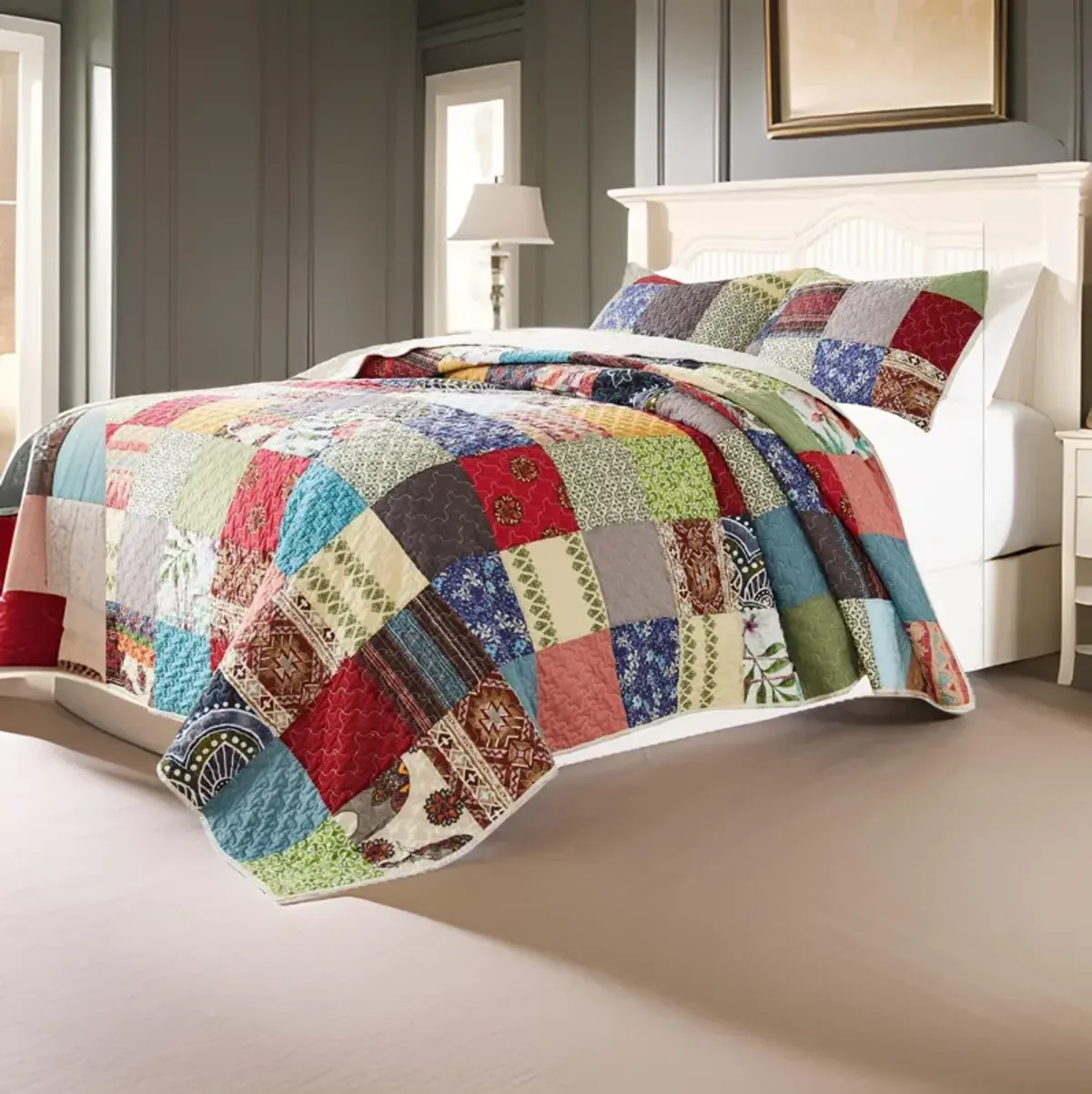 Lily 3 Piece Queen Quilt Set with 2 Pillow Shams, Multicolor Patchwork - Benzara