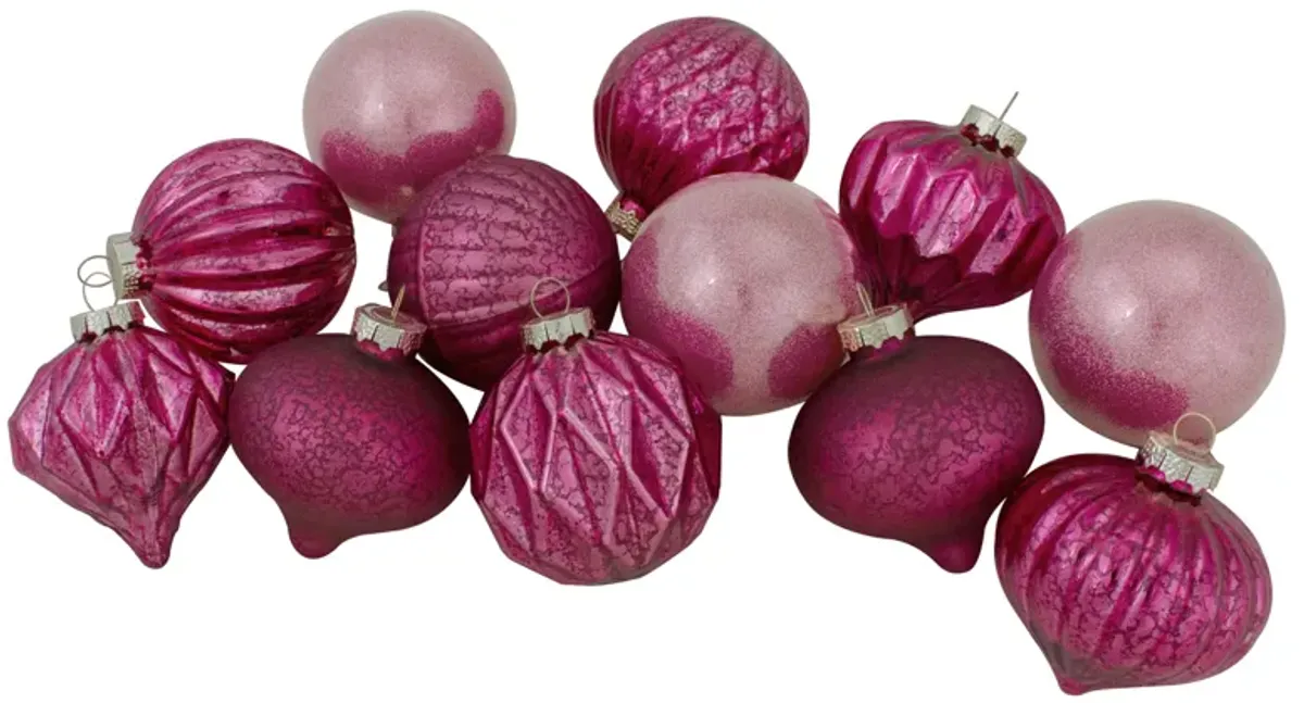 12ct Pink Mercury Glass Style Glass Christmas Ornament Set 3"