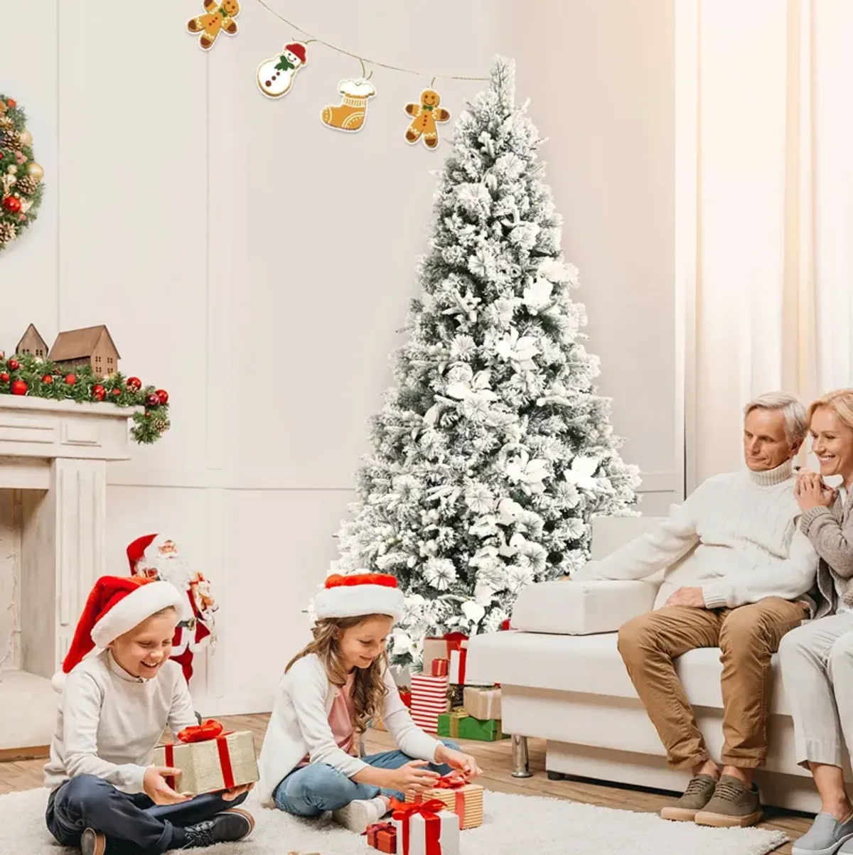 Snow Flocked Christmas Tree with Poinsettia Flowers