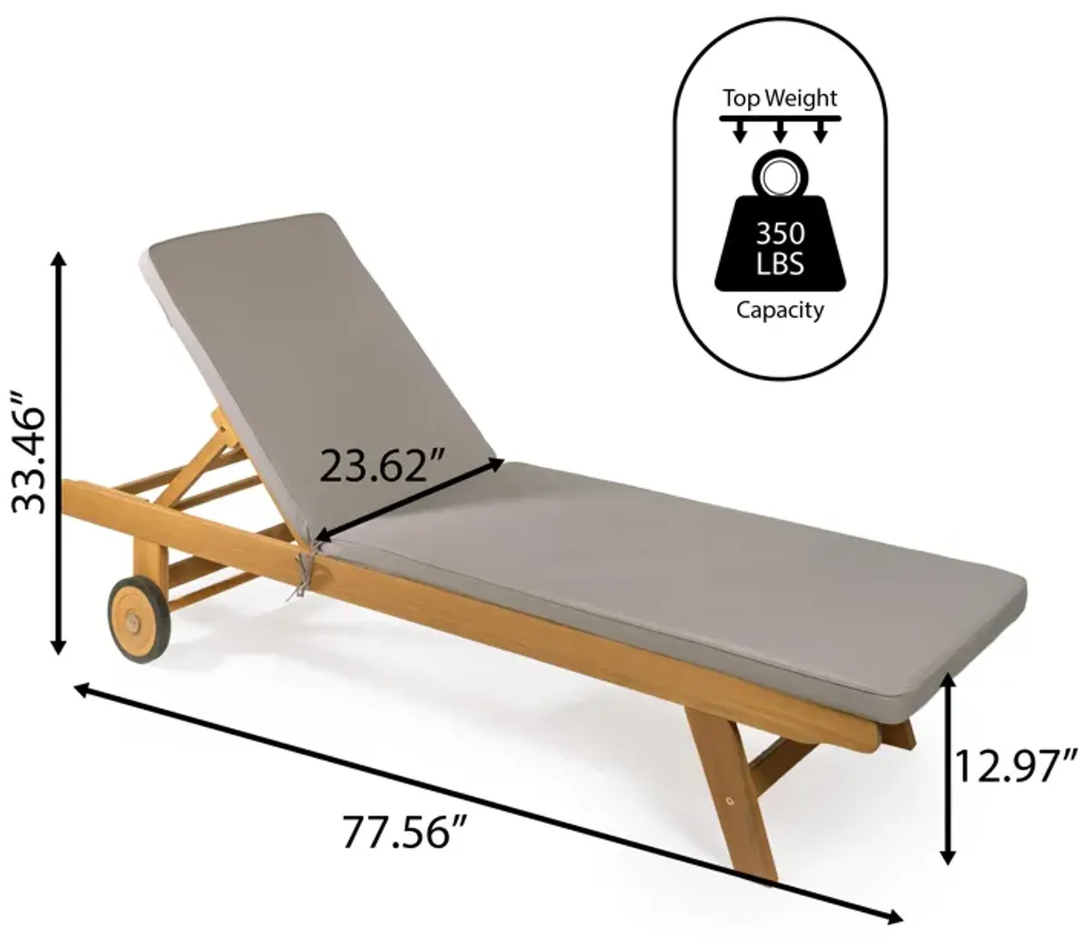 Mallorca Modern Classic Adjustable Acacia Wood Chaise Outdoor Lounge Chair with Cushion & Wheels