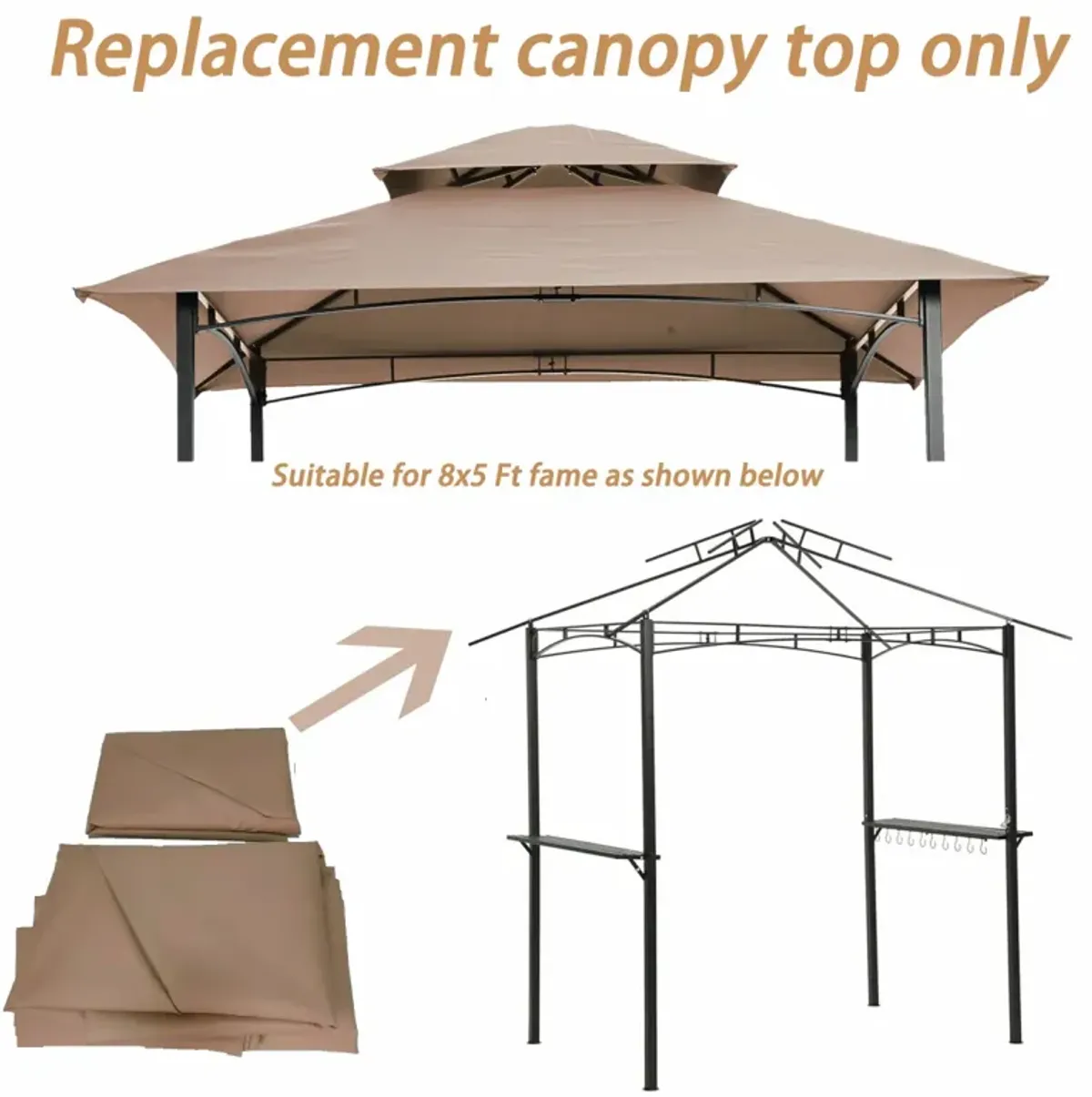 8x5FT Grill Gazebo Replacement Canopy, Double Tiered Bbq Tent Roof Top Cover