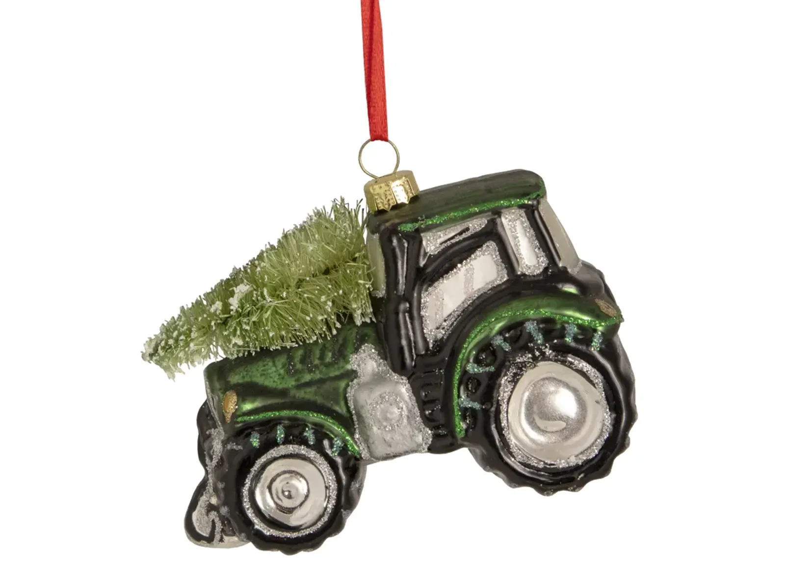 4" Green Tractor with Tree Glass Christmas Ornament