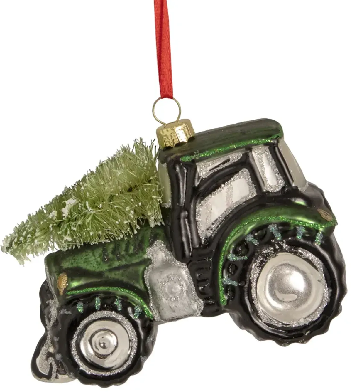 4" Green Tractor with Tree Glass Christmas Ornament