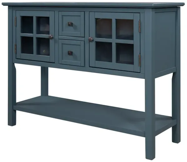 Cato 45 Inch Wood Console Table, 2 Glass Doors, 2 Drawers, Deep Teal Blue-Benzara