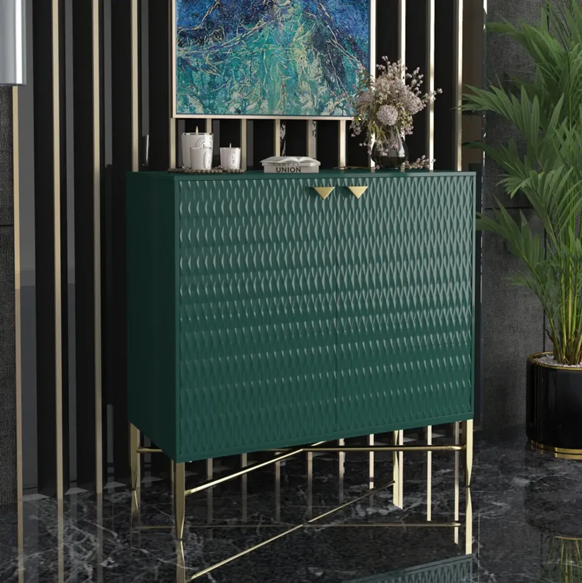 32.8 in. H 2 Door Green Locker Accent Storage Cabinet with X-Shaped Hardware Stand