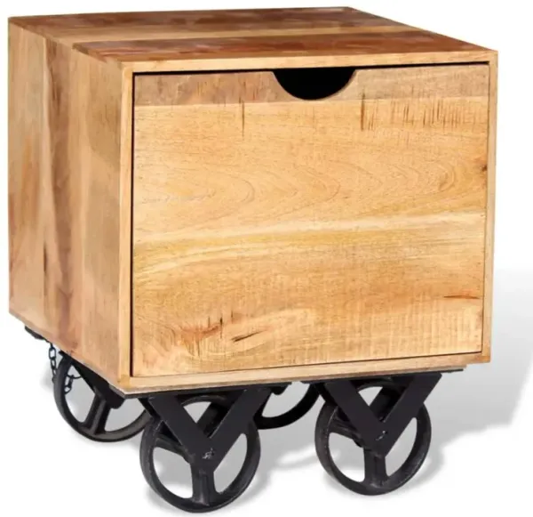 vidaXL Side Table with Drawer Wheels Solid Mango Wood 15.7"x15.7"x17.7"