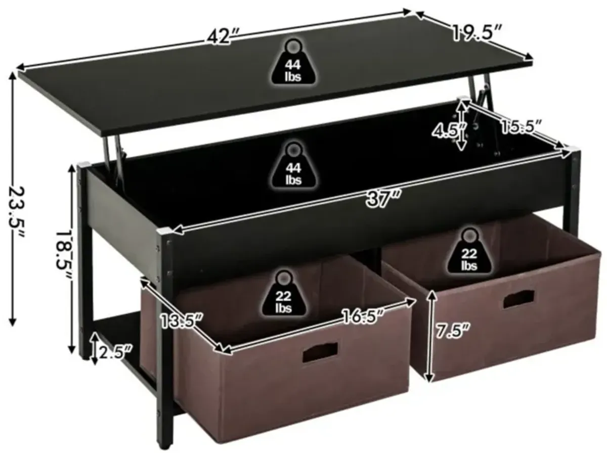 Hivvago FarmHouse Black Lift-Top Multi Purpose Coffee Table with 2 Storage Drawers Bins