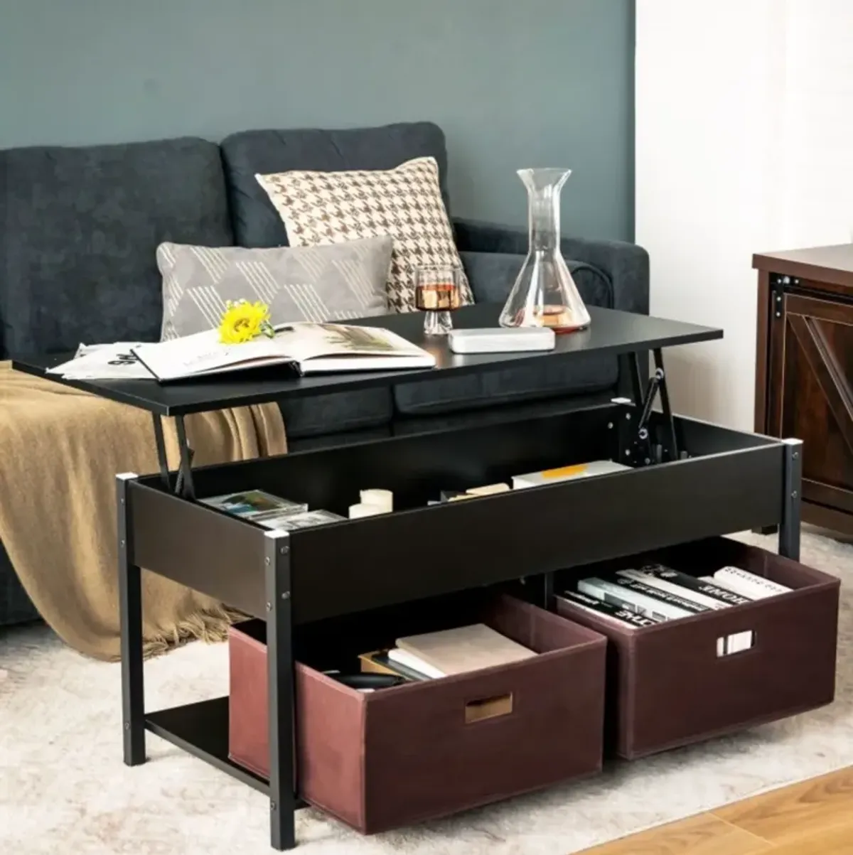 Hivvago FarmHouse Black Lift-Top Multi Purpose Coffee Table with 2 Storage Drawers Bins