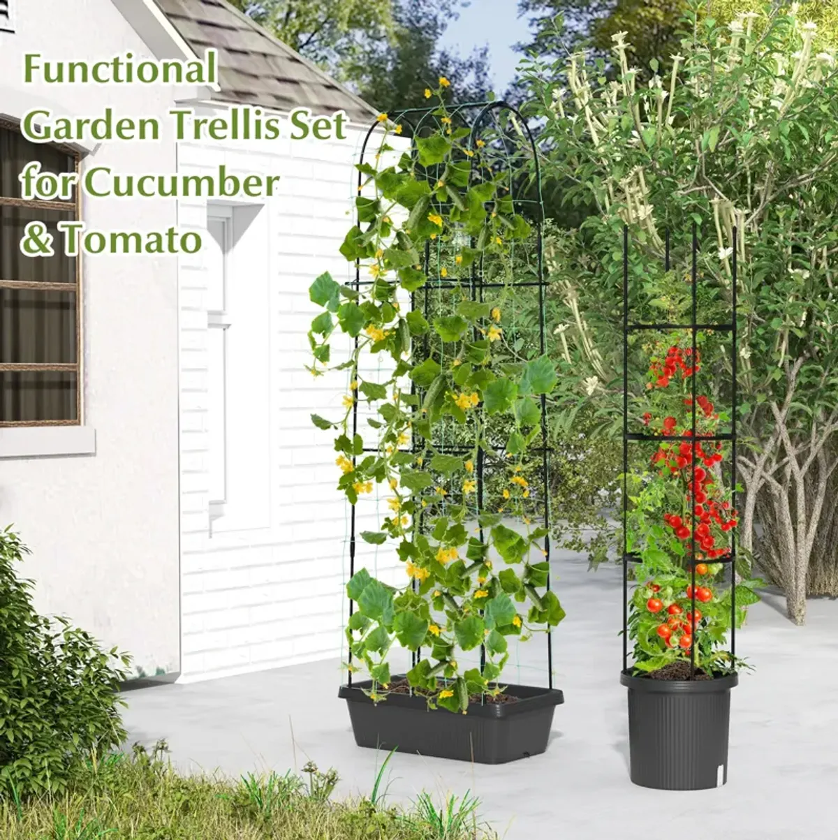 2 Pack Garden Planters with Trellis Cucumber Trellis Tomato Cage-Black