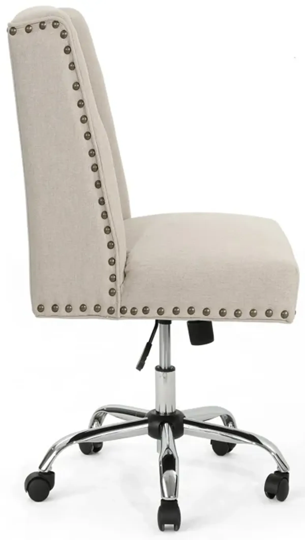 Swivel Office Chair, Beige Fabric with Nailhead Trim, Chrome -Benzara