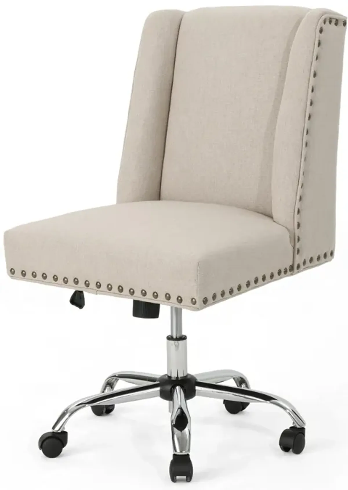 Swivel Office Chair, Beige Fabric with Nailhead Trim, Chrome -Benzara