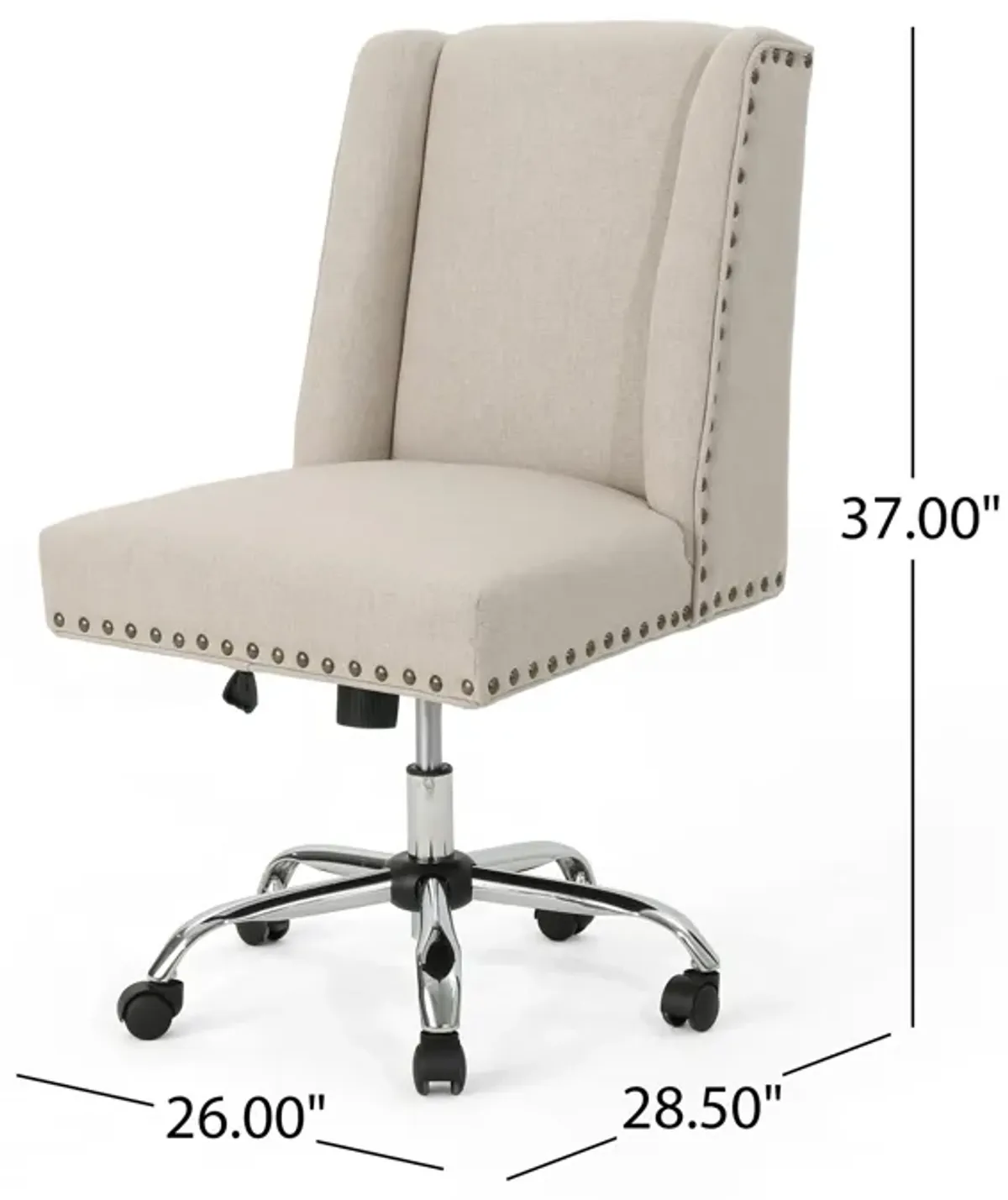 Swivel Office Chair, Beige Fabric with Nailhead Trim, Chrome -Benzara