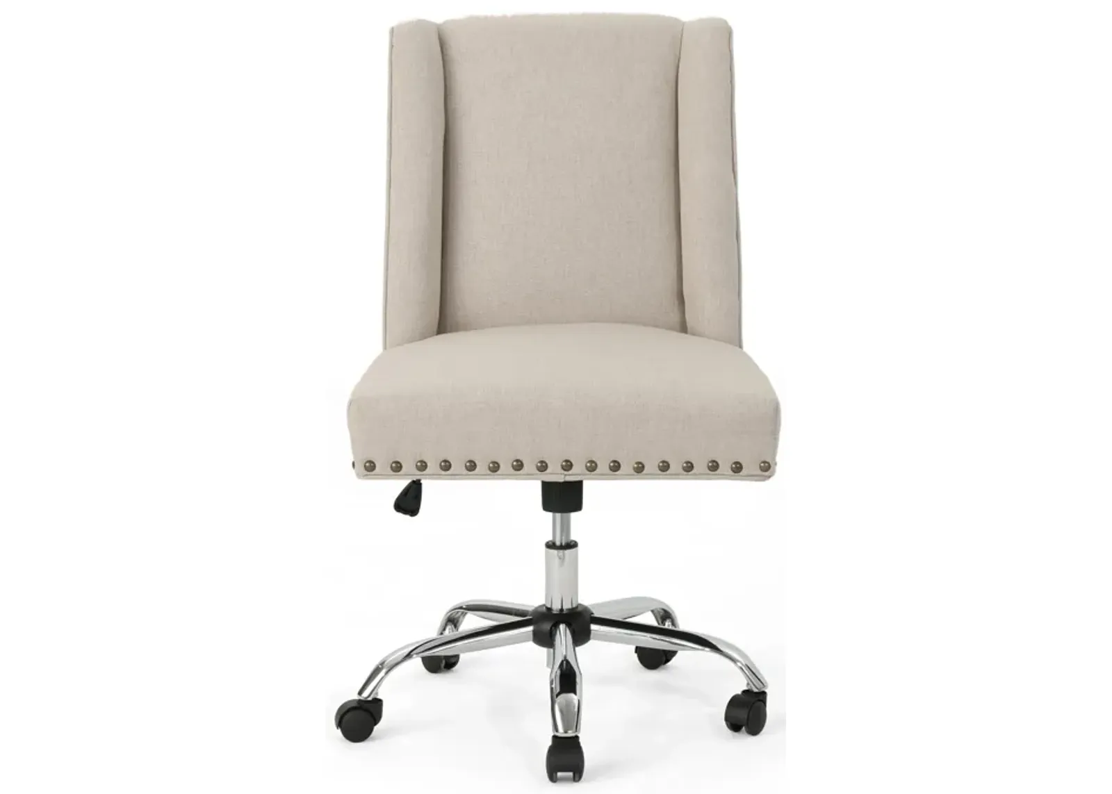 Swivel Office Chair, Beige Fabric with Nailhead Trim, Chrome -Benzara