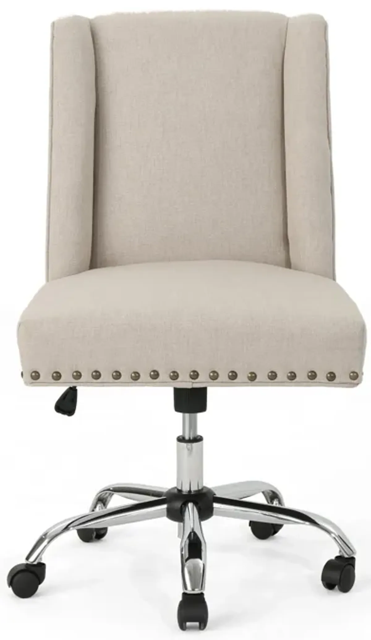 Swivel Office Chair, Beige Fabric with Nailhead Trim, Chrome -Benzara