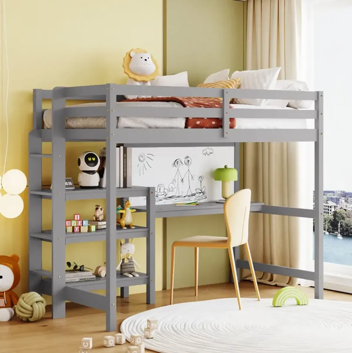 Twin Size Wooden Loft Bed With Shelves, Desk And Writing Board